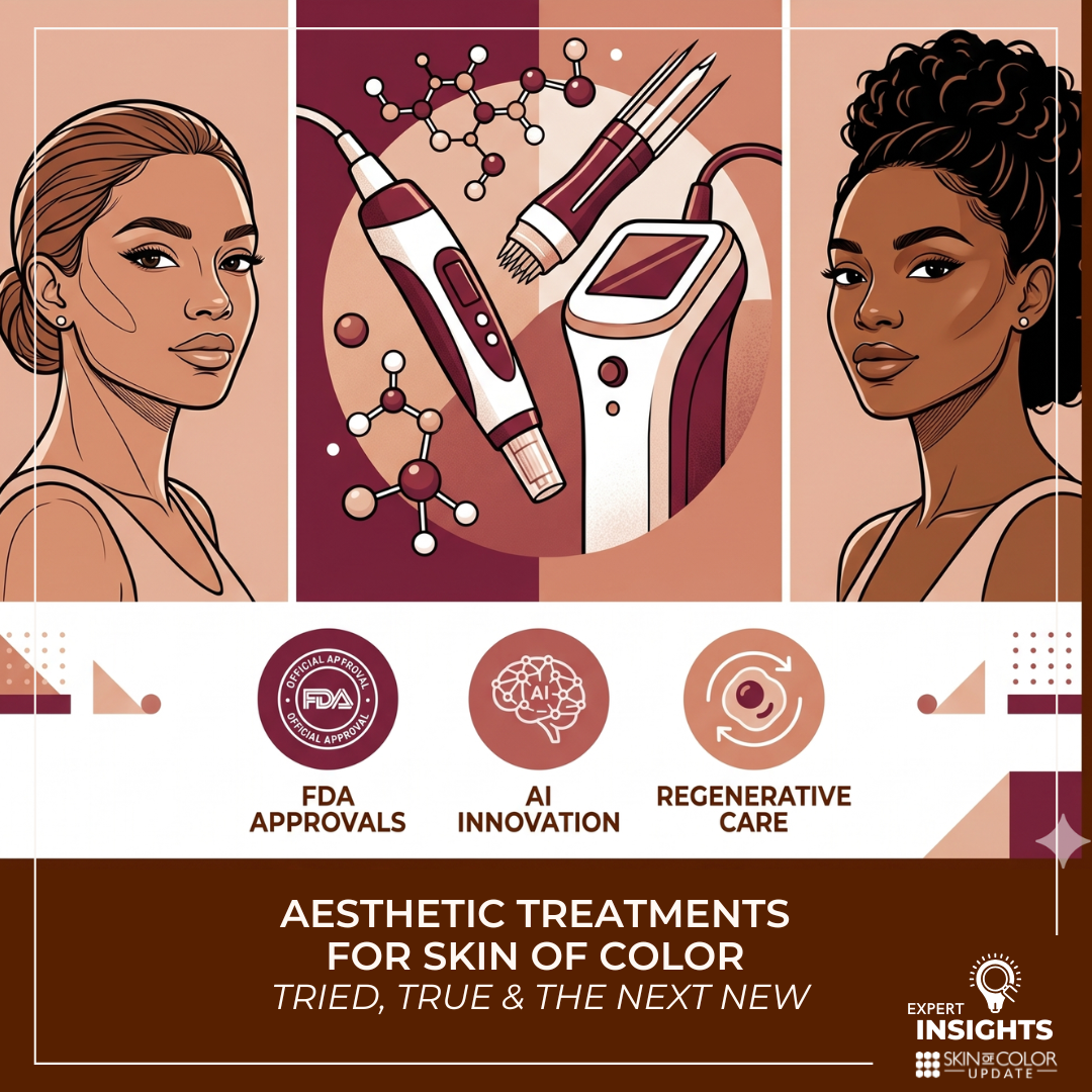 Aesthetic treatments for skin of color expert guide featuring Dr. Cheryl Burgess and Dr. Michelle Henry; illustrating RF microneedling, FDA approved fillers, and regenerative skincare innovations.
