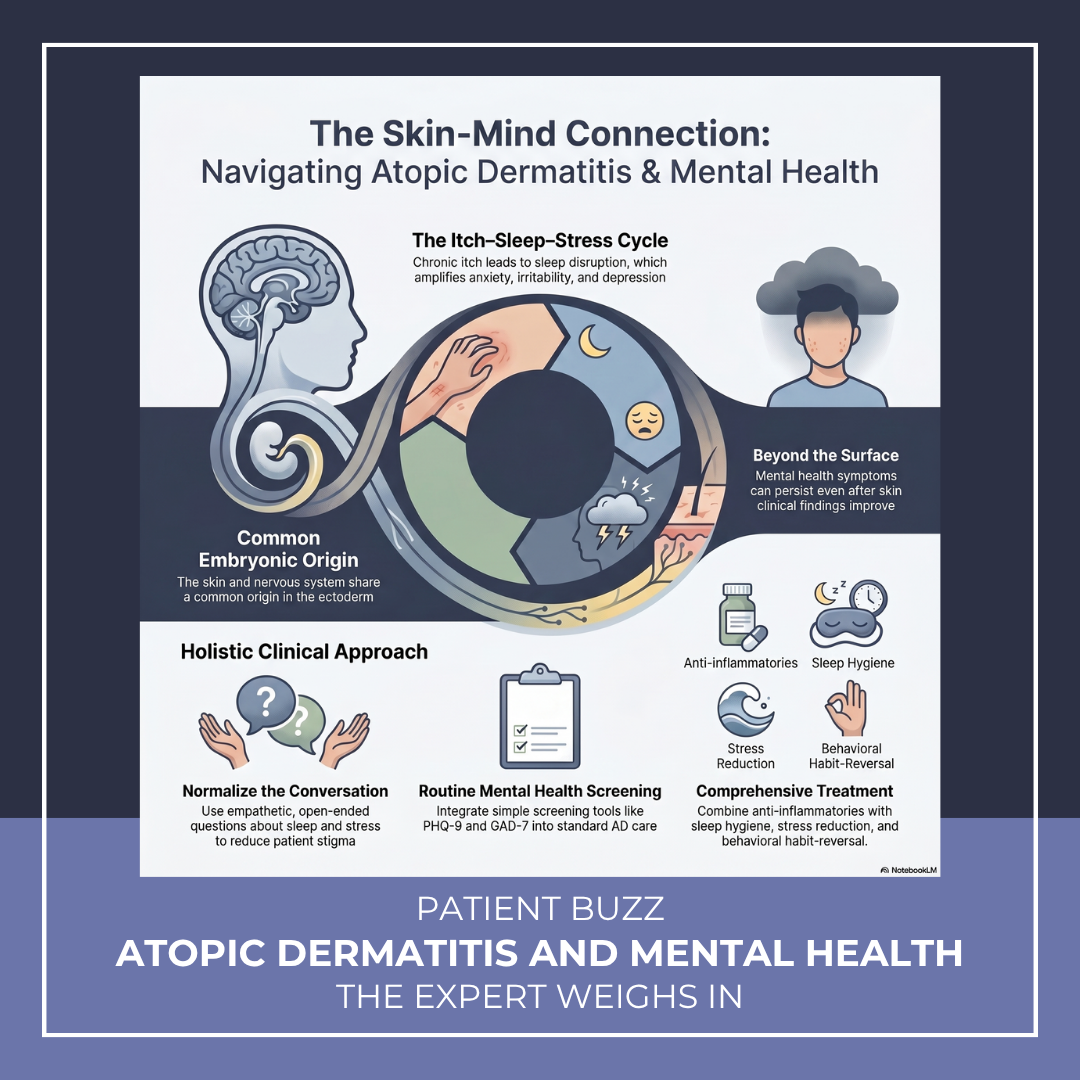 Alt Text: A clinical infographic titled "The Skin-Mind Connection" illustrating the relationship between atopic dermatitis and mental health. It features diagrams of the common embryonic origin in the ectoderm, the itch-sleep-stress cycle, and a holistic clinical approach including routine screening with PHQ-9 and GAD-7.