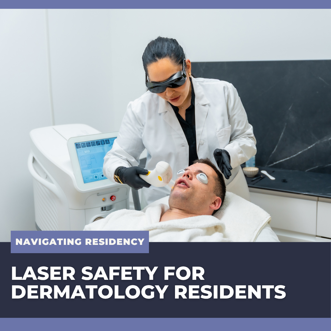 A dermatology resident wearing wavelength-specific protective eyewear while preparing a laser device for a patient procedure.