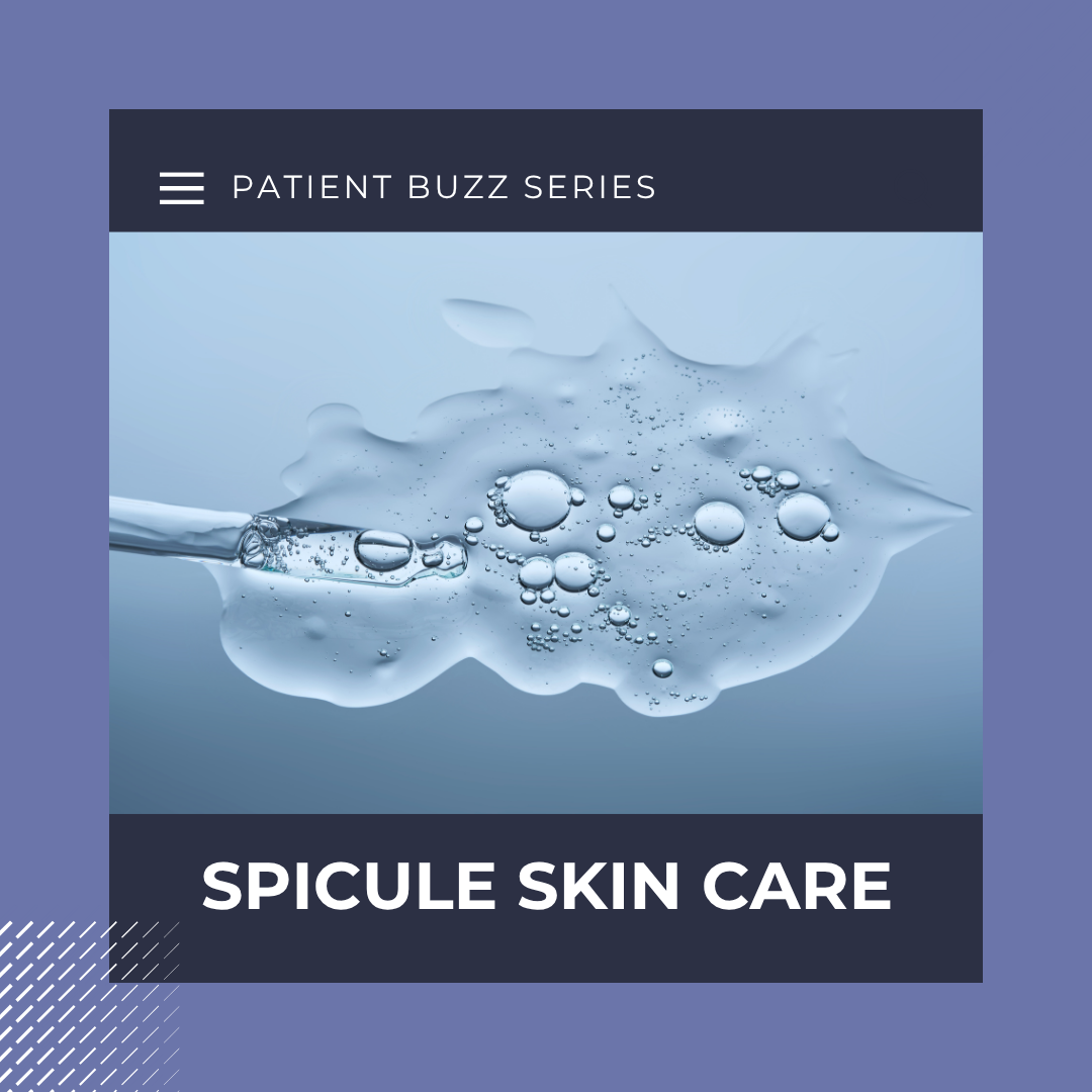 Patient Buzz Series: Spicule skin care and liquid microneedling serum with pipette and water droplets.