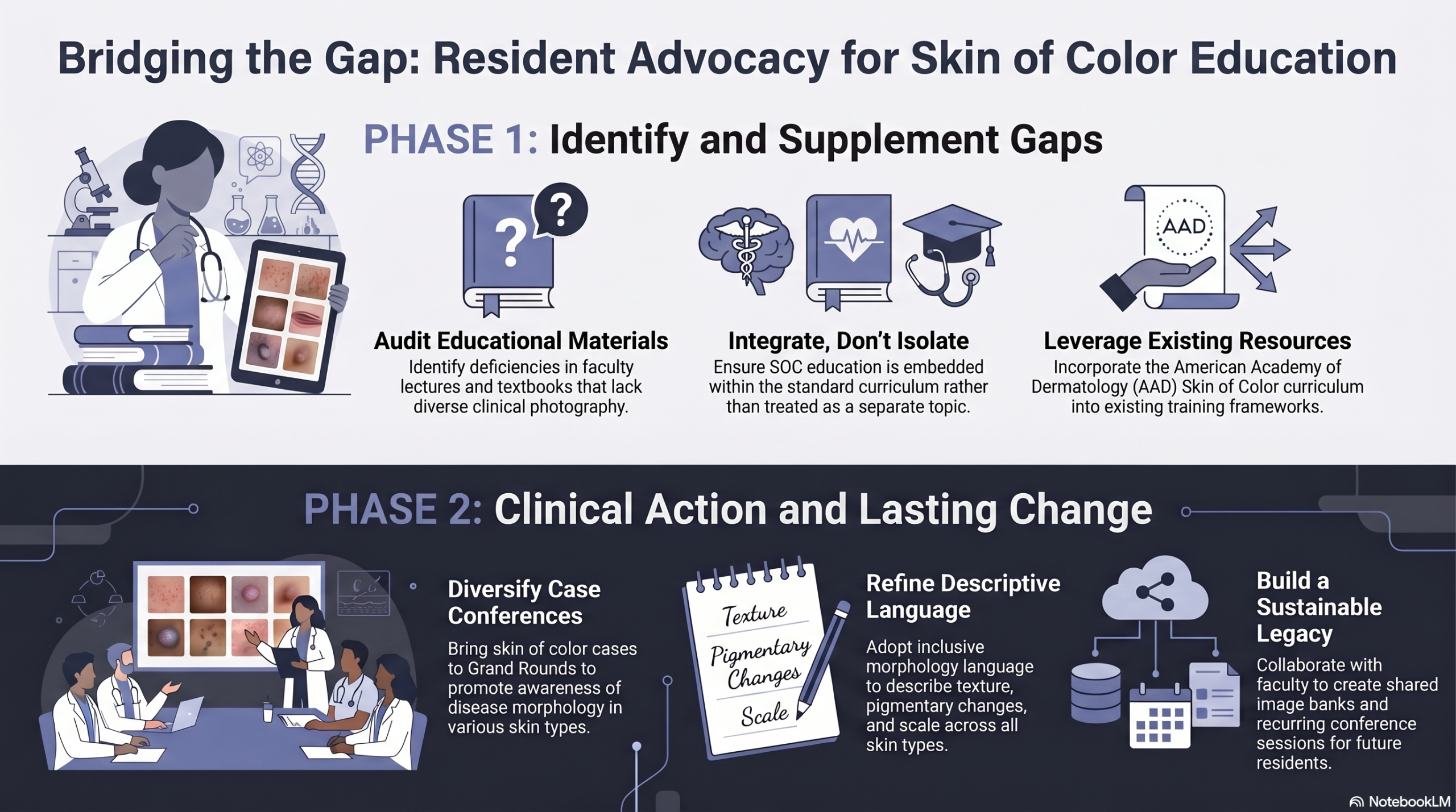 Infographic titled "Bridging the Gap: Resident Advocacy for Skin of Color Education" detailing a two-phase plan for dermatology residents. Phase 1 focuses on identifying gaps by auditing educational materials, integrating skin of color (SOC) into standard curriculums, and leveraging AAD resources. Phase 2 emphasizes clinical action through diversifying case conferences, refining descriptive morphology language, and building sustainable image banks.