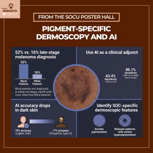 Infographic from the SOCU Poster Hall on Pigment-Specific Dermoscopy and AI showing melanoma diagnostic disparities: 52% late-stage diagnosis in Black patients vs. 16% in White patients. It highlights that AI accuracy drops from 70% in lighter skin to 17% in Fitzpatrick Type VI and identifies SOC-specific features like eccrine pigmentation.