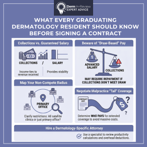 infographic titled "What Every Graduating Dermatology Resident Should Know Before Signing a Contract" by Derm In-Review Expert Advice. It features five key sections with illustrative icons: Collections vs. Guaranteed Salary: Compares collections (income tied to revenue received) with salary (provides stability). Beware of "Draw-Based" Pay: A scale weighing advanced salary against collections, noting it may require repayment if collections don't meet the draw. Map Your Non-Compete Radius: A map icon showing a primary office and satellite clinics, prompting readers to clarify if restrictions apply to all locations or just the primary office. Negotiate Malpractice "Tail" Coverage: A graphic of a contract exit leading to a price tag, emphasizing the need to determine who pays for extended coverage to avoid massive costs. Hire a Dermatology-Specific Attorney: A checklist item advising the use of a specialist to review productivity calculations and overhead deductions.
