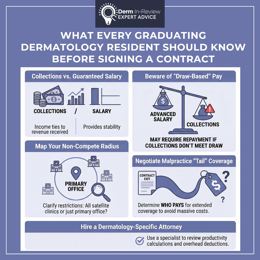 infographic titled "What Every Graduating Dermatology Resident Should Know Before Signing a Contract" by Derm In-Review Expert Advice. It features five key sections with illustrative icons: Collections vs. Guaranteed Salary: Compares collections (income tied to revenue received) with salary (provides stability). Beware of "Draw-Based" Pay: A scale weighing advanced salary against collections, noting it may require repayment if collections don't meet the draw. Map Your Non-Compete Radius: A map icon showing a primary office and satellite clinics, prompting readers to clarify if restrictions apply to all locations or just the primary office. Negotiate Malpractice "Tail" Coverage: A graphic of a contract exit leading to a price tag, emphasizing the need to determine who pays for extended coverage to avoid massive costs. Hire a Dermatology-Specific Attorney: A checklist item advising the use of a specialist to review productivity calculations and overhead deductions.