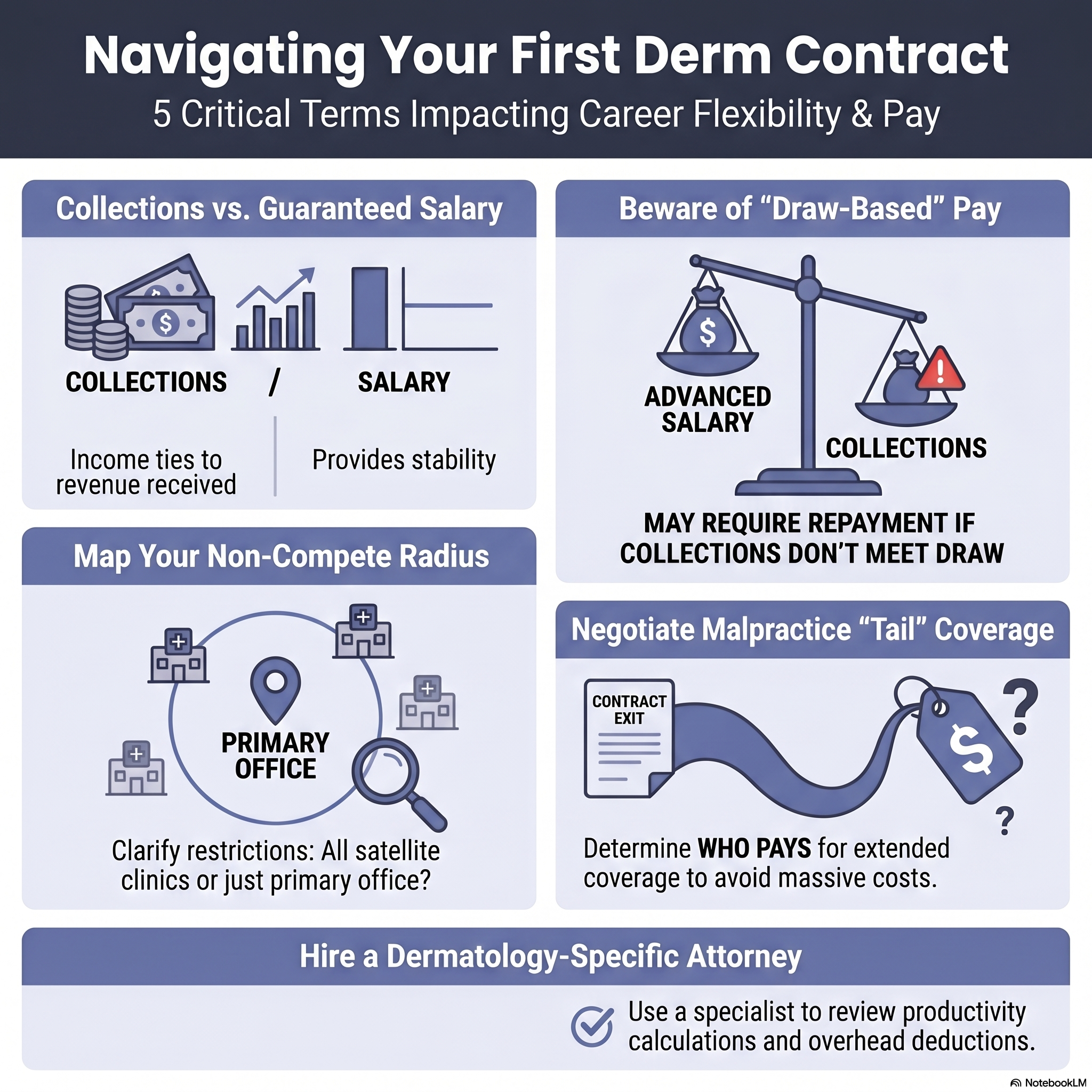 Infographic titled "What Every Graduating Dermatology Resident Should Know Before Signing a Contract" by Derm In-Review Expert Advice. It features five key sections with illustrative icons: Collections vs. Guaranteed Salary: Compares collections (income tied to revenue received) with salary (provides stability). Beware of "Draw-Based" Pay: A scale weighing advanced salary against collections, noting it may require repayment if collections don't meet the draw. Map Your Non-Compete Radius: A map icon showing a primary office and satellite clinics, prompting readers to clarify if restrictions apply to all locations or just the primary office. Negotiate Malpractice "Tail" Coverage: A graphic of a contract exit leading to a price tag, emphasizing the need to determine who pays for extended coverage to avoid massive costs. Hire a Dermatology-Specific Attorney: A checklist item advising the use of a specialist to review productivity calculations and overhead deductions.